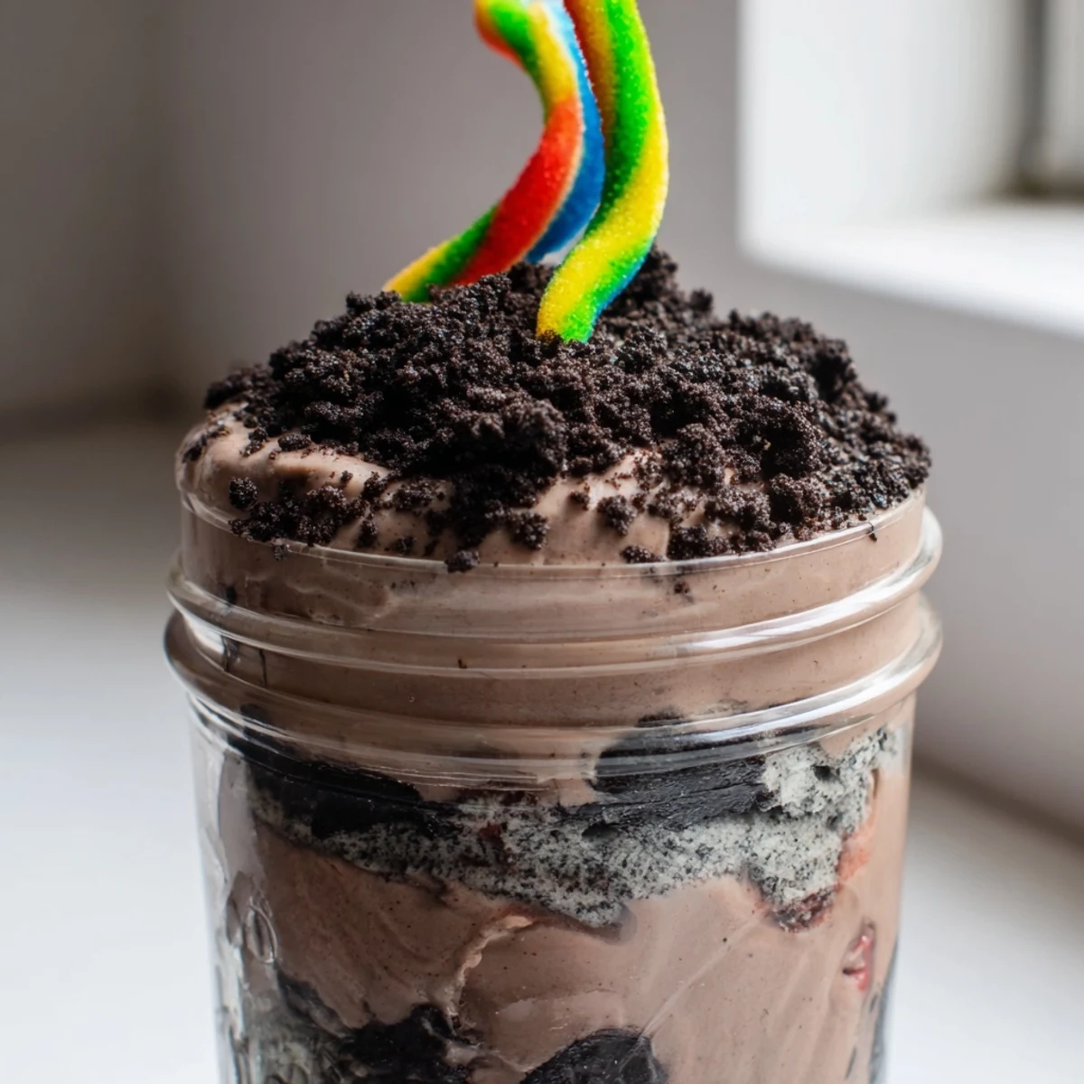 Rich and creamy dirt pudding dessert served in jars with chocolate cookie dirt