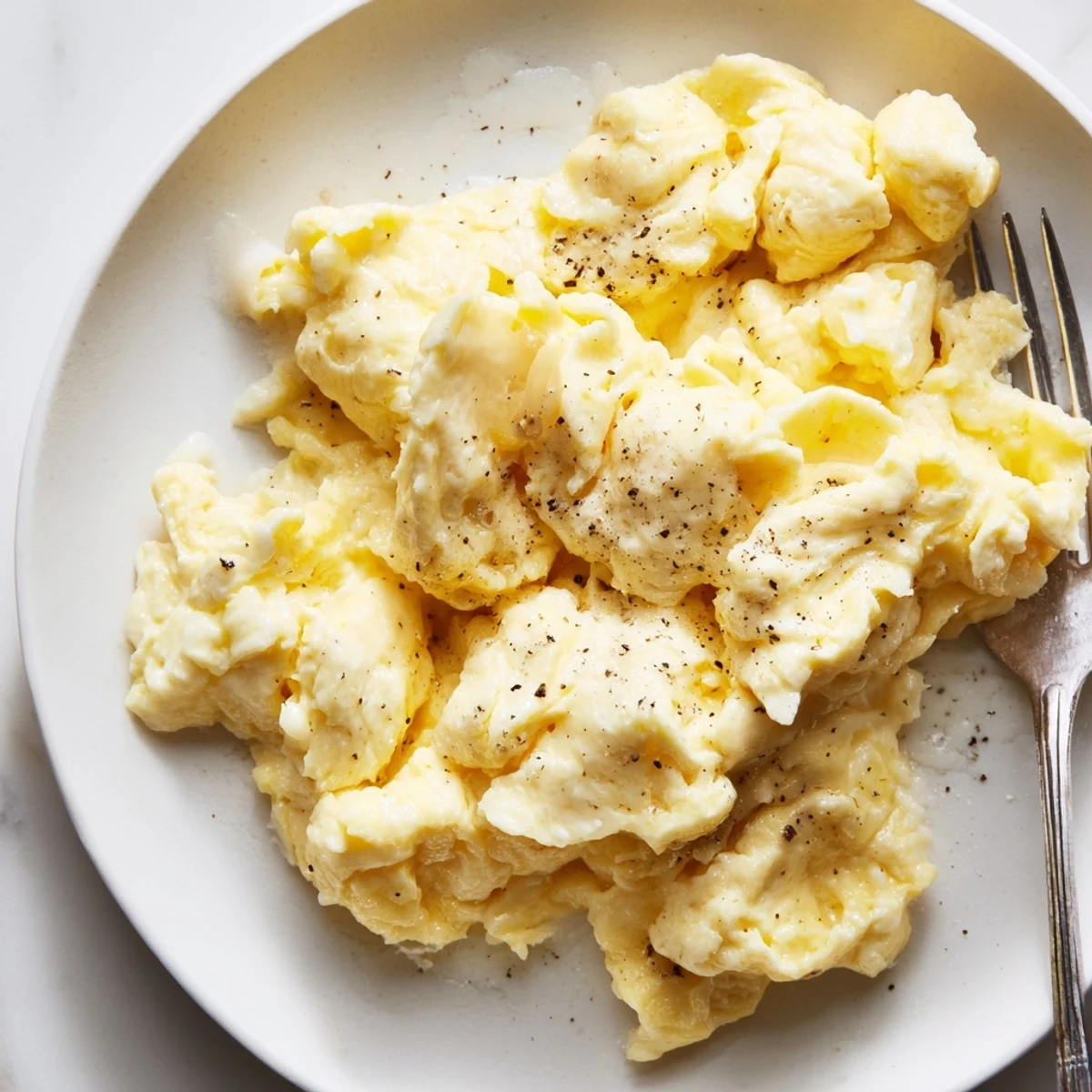Fluffy scrambled eggs gently folded in butter and served with crispy toast