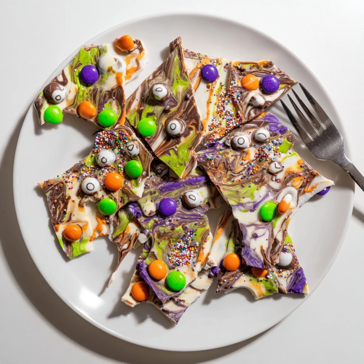 Dark and white chocolate Melting Witches Bark topped with candy eyes and vibrant festive sprinkles