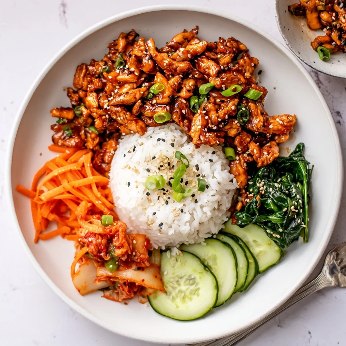 Crispy shredded tofu bulgogi bowl with glazed tofu over warm white rice and vibrant julienned veggies