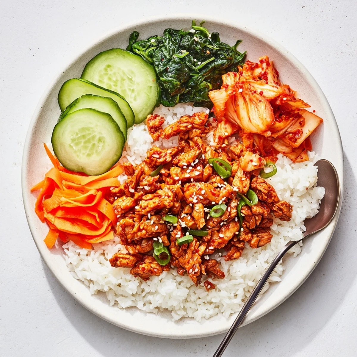 Golden crispy tofu bulgogi bowl topped with sweet savory sauce, fresh cucumber, and toasted sesame seeds