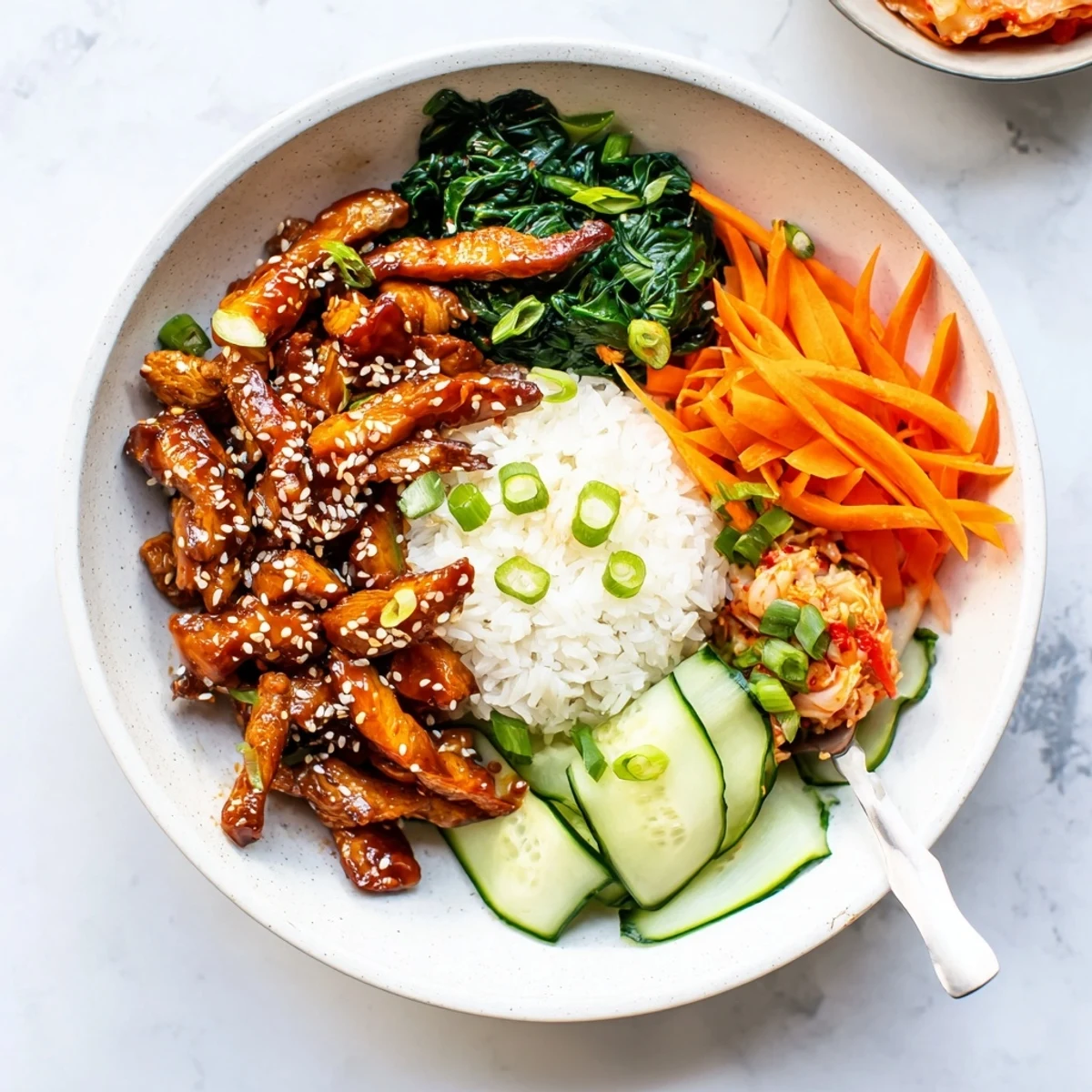 Vegan tofu bulgogi bowl featuring crisp pulled tofu, sautéed spinach, and kimchi on fluffy short-grain rice