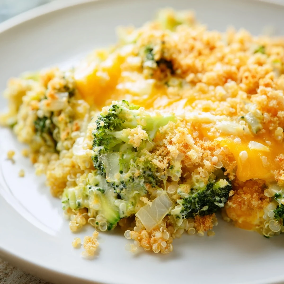 A cozy creamy broccoli quinoa casserole served steaming in a baking dish for family dinner