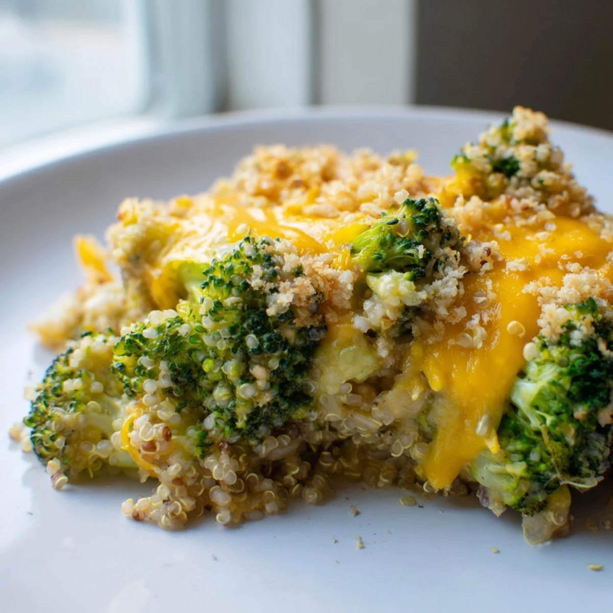 Tender broccoli and fluffy quinoa in a rich creamy sauce baked golden in a casserole
