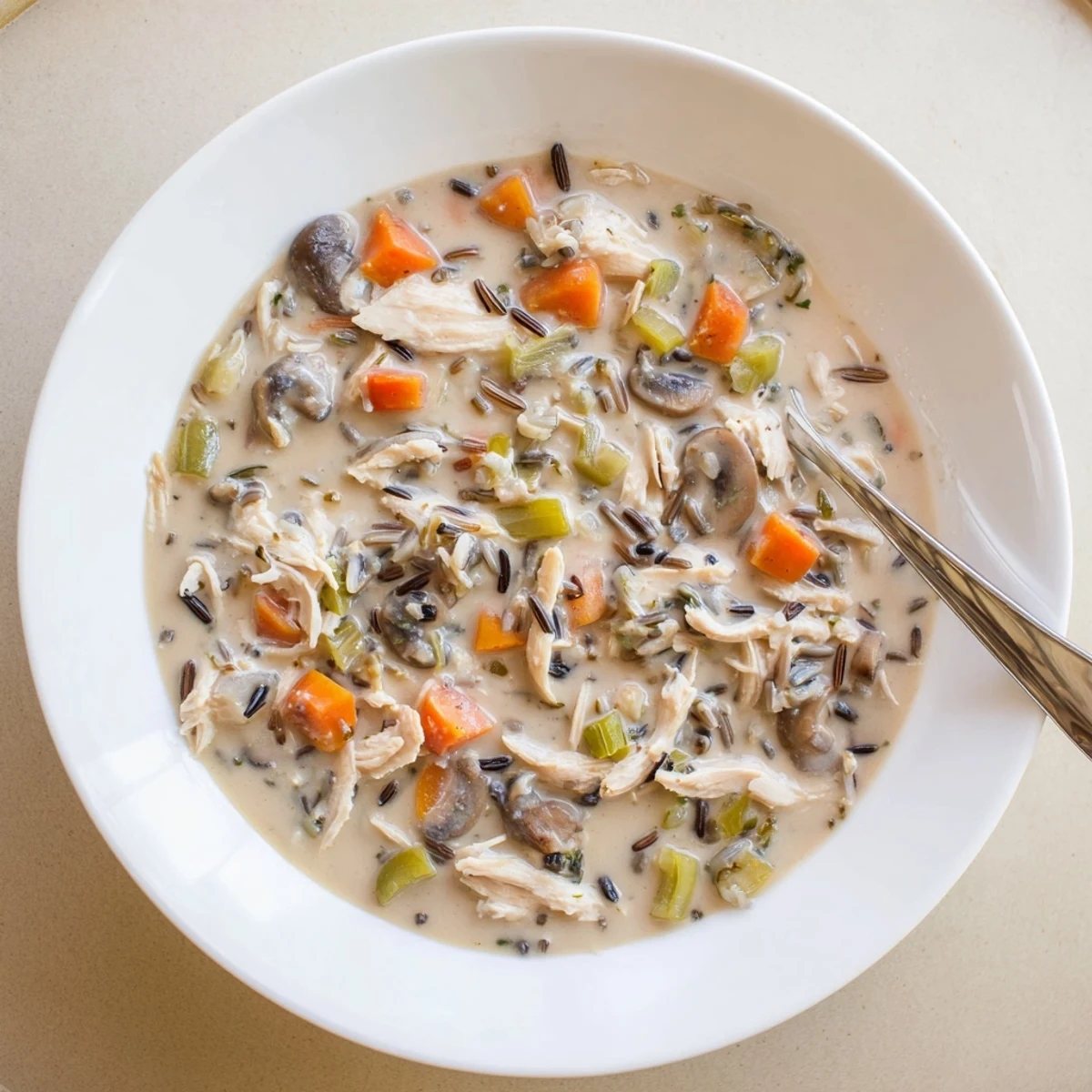 Steaming bowl of creamy slow cooker chicken mushroom wild rice soup with shredded chicken