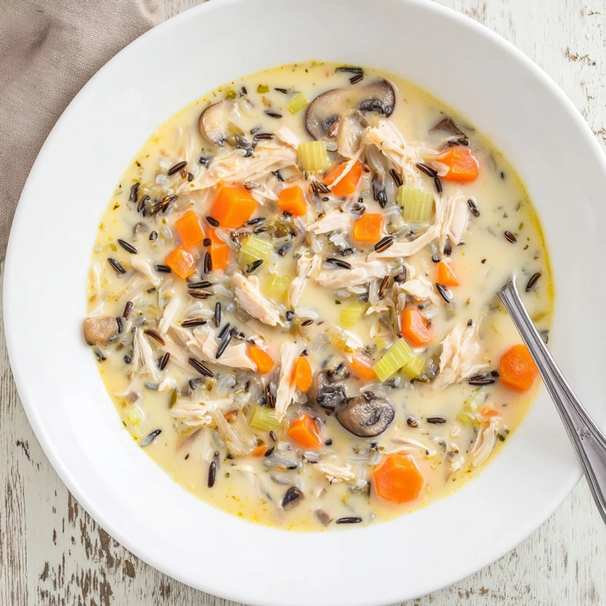 Thick creamy slow cooker chicken mushroom wild rice soup ladled into a rustic bowl