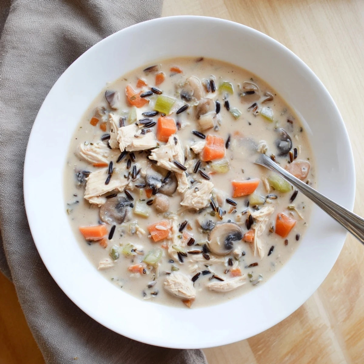 Golden creamy slow cooker chicken mushroom wild rice soup garnished with fresh thyme