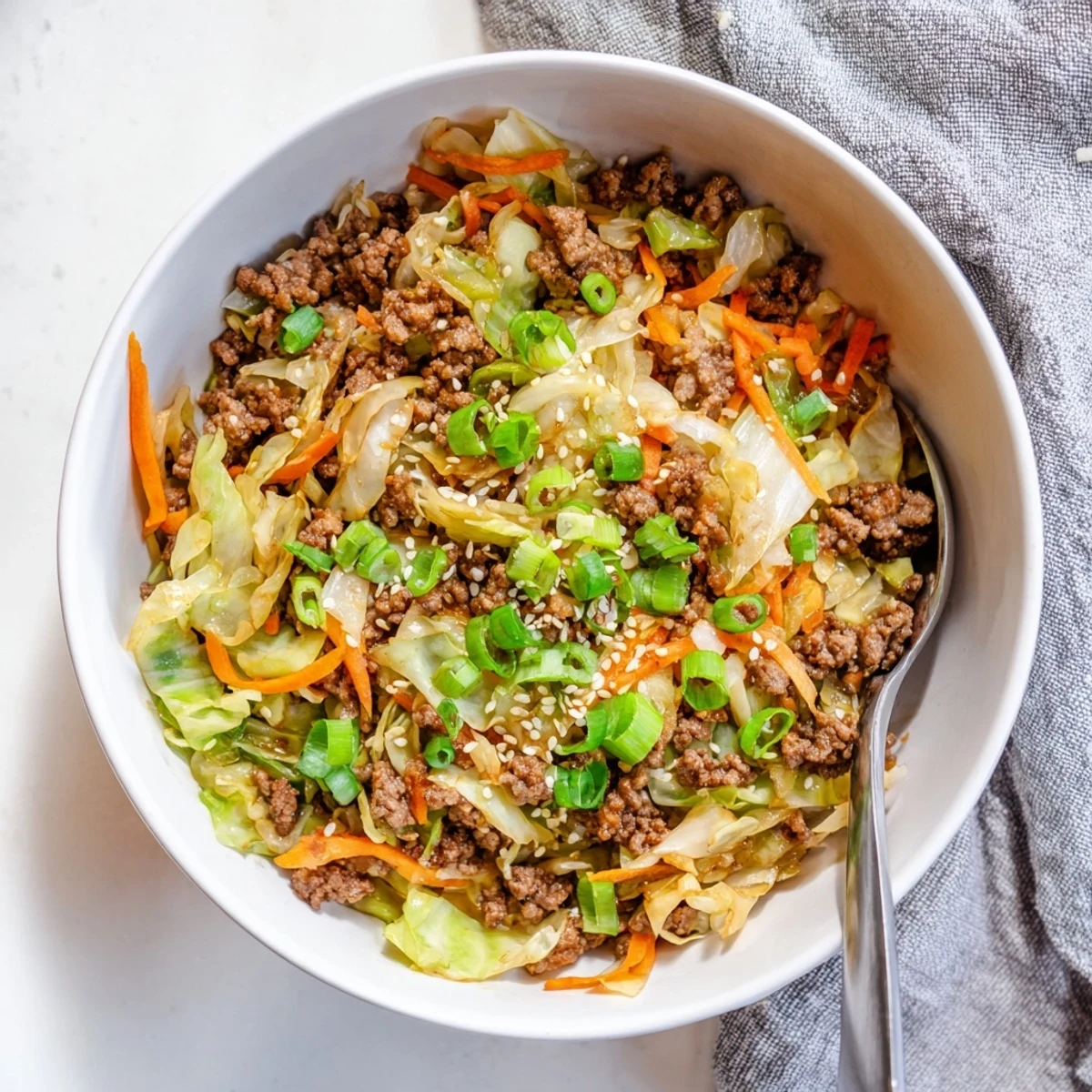 Steaming bowl of keto egg roll in a bowl with savory ground pork and tender cabbage