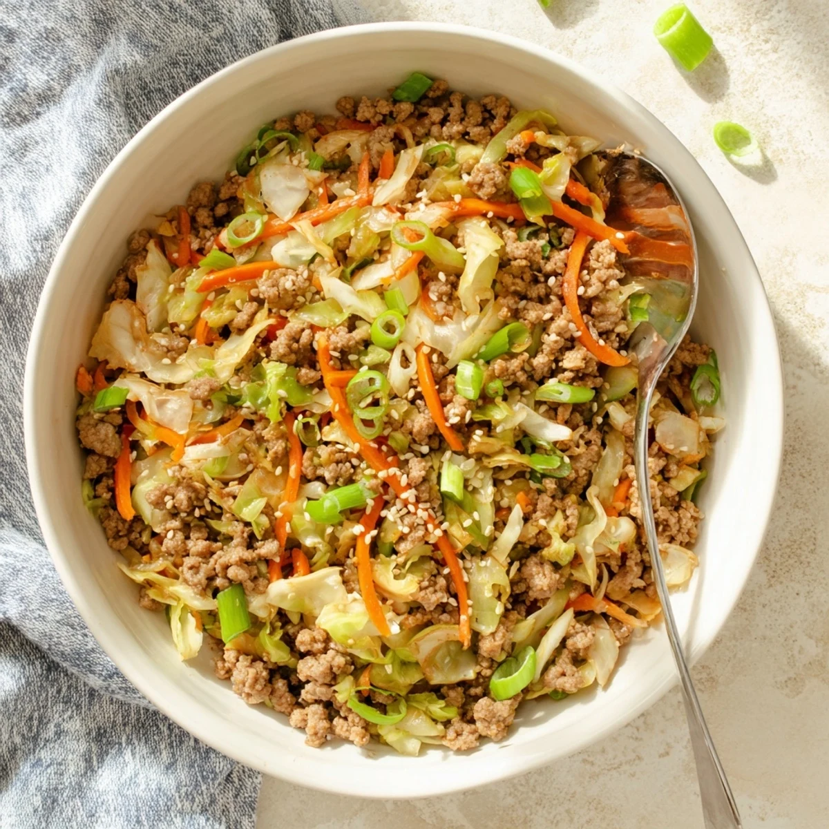 Golden ground pork and shredded cabbage in a keto egg roll in a bowl garnished with sesame seeds
