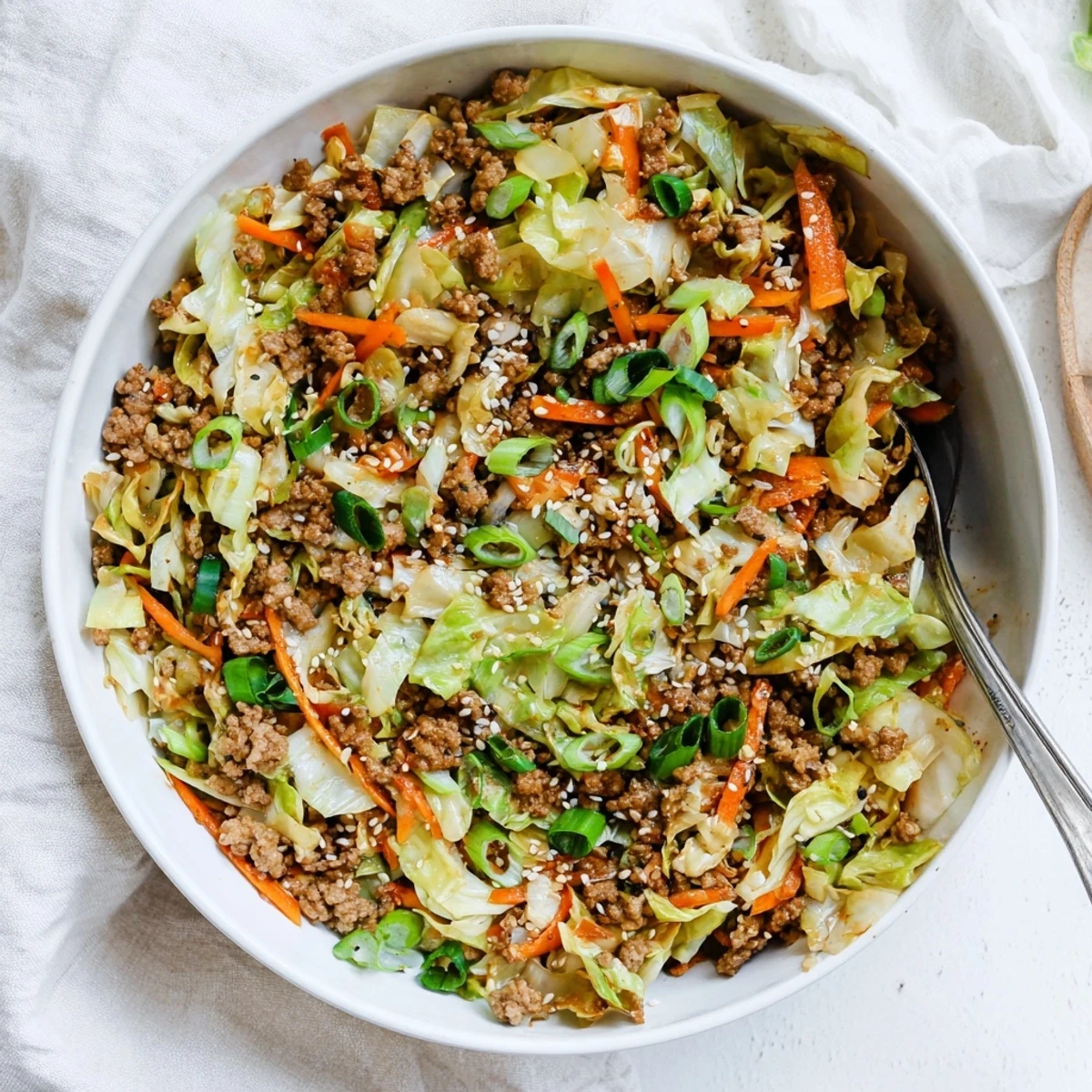 A hearty keto egg roll in a bowl plated hot with carrots and sliced green onions
