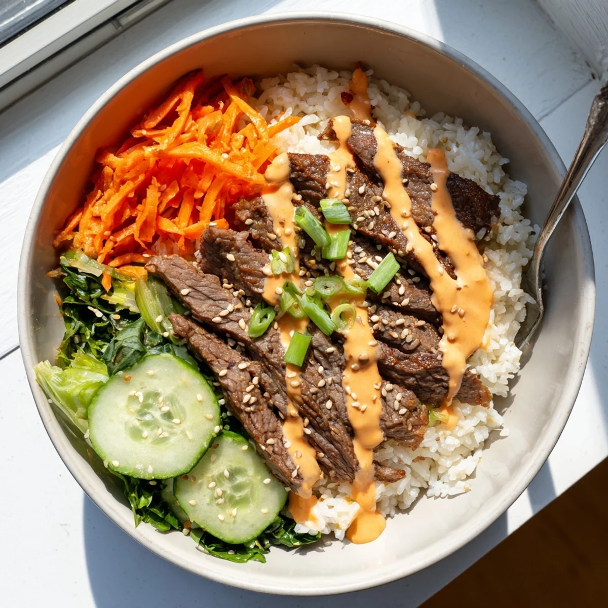 Caramelized marinated steak piled on warm rice with crisp veggies and creamy spicy drizzle.