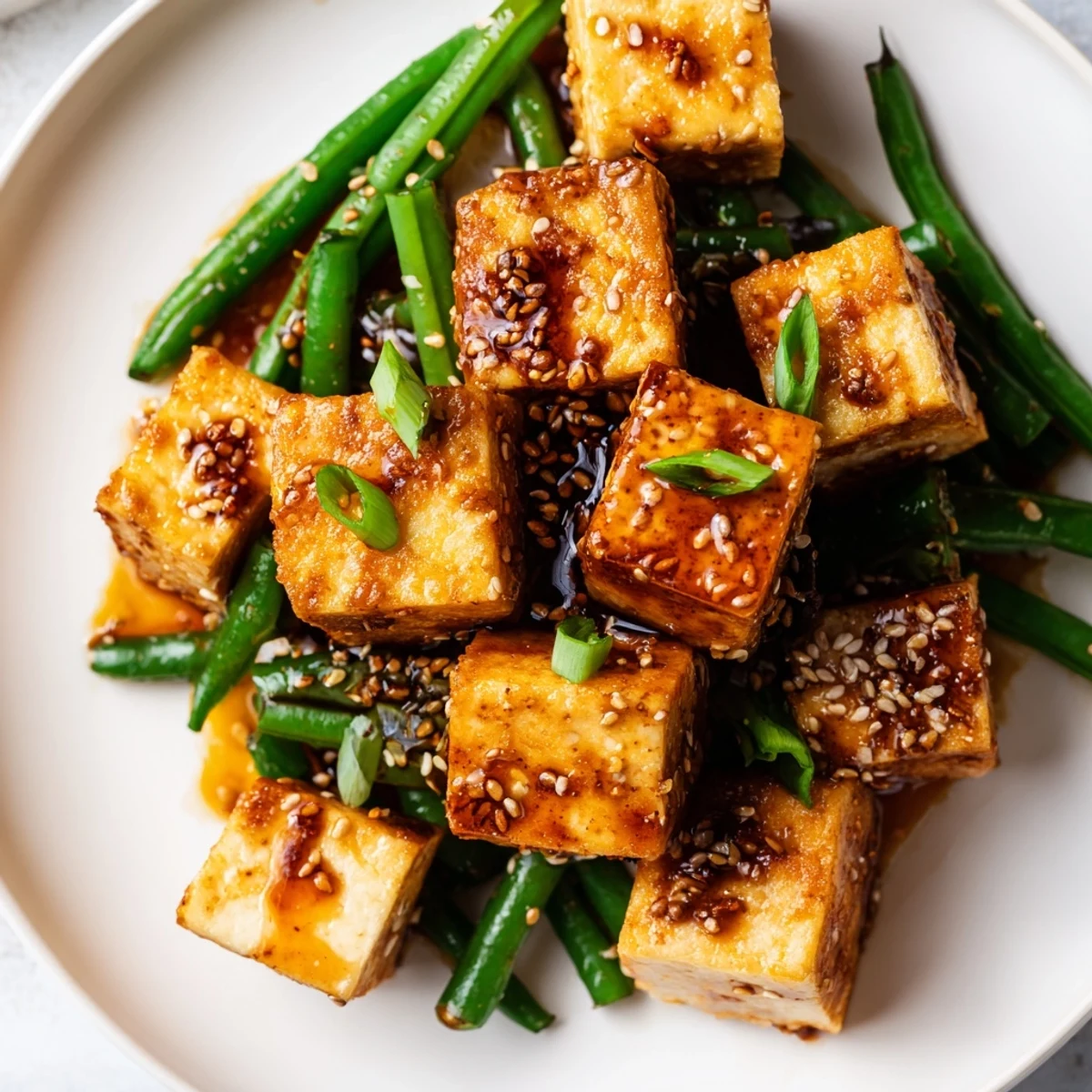 Golden crispy black pepper tofu and tender green beans in a glossy peppery sauce