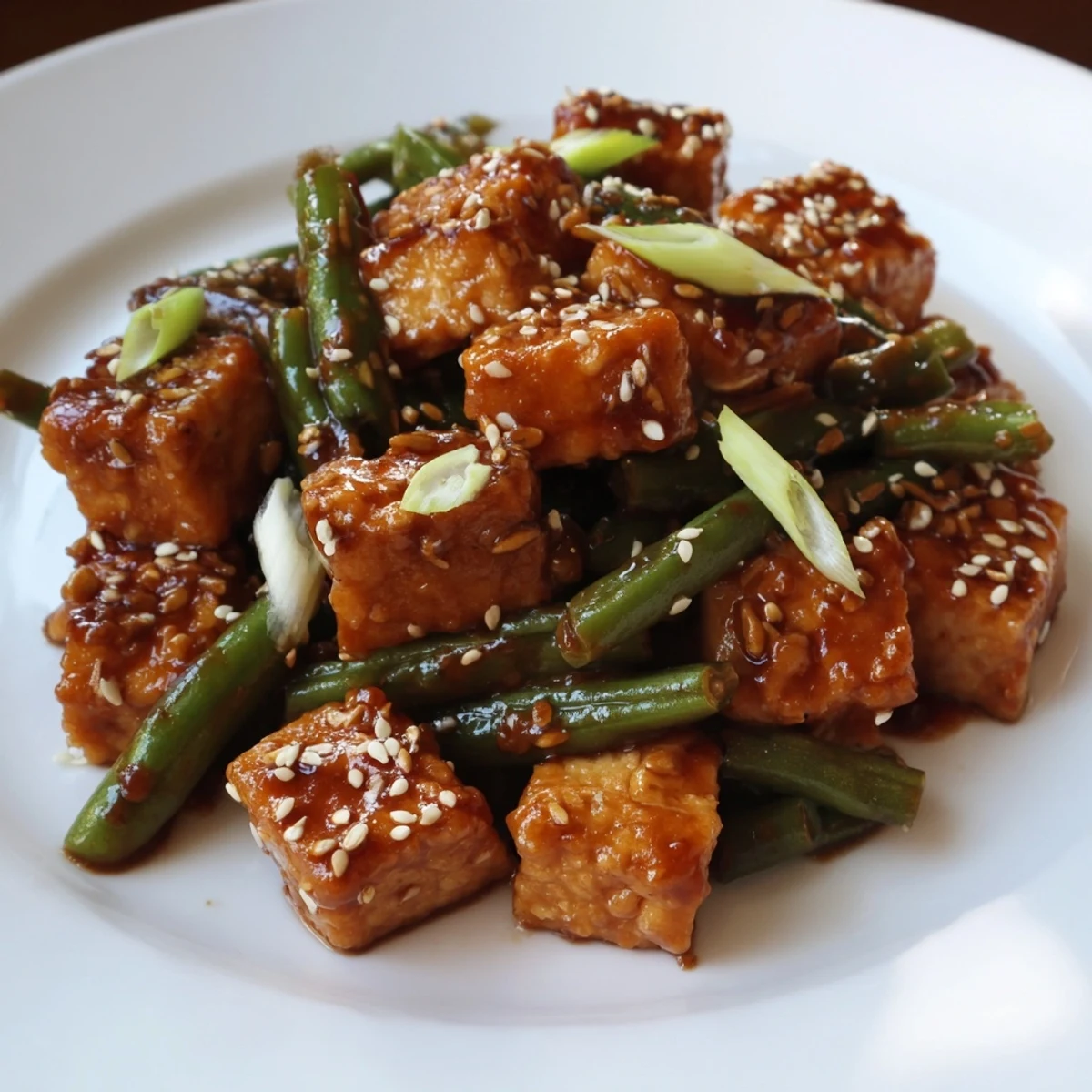 Crispy black pepper tofu stir-fried with green beans and garnished with scallions and sesame seeds