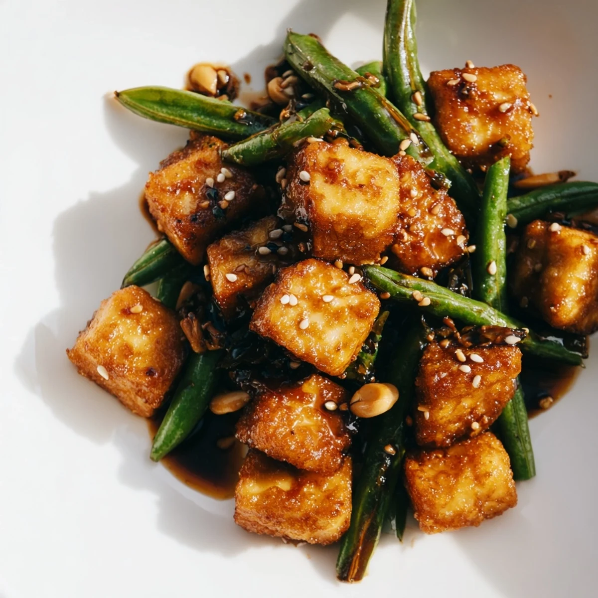 A steaming bowl of crispy black pepper tofu with green beans served over white rice