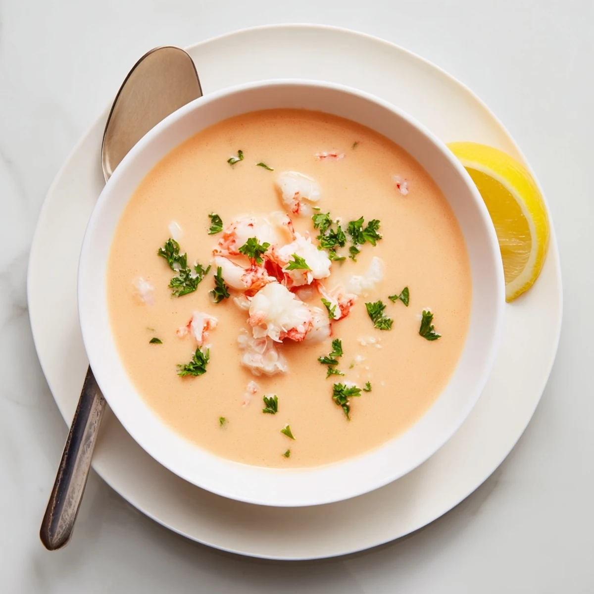Steaming bowl of creamy crab and shrimp bisque garnished with fresh parsley