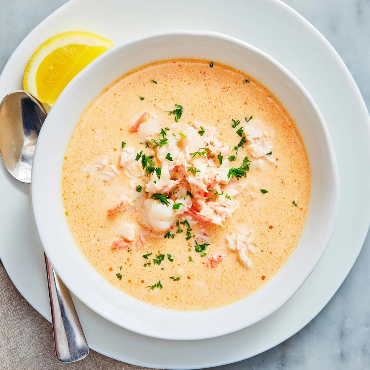 Velvety crab and shrimp bisque ladled into a white bowl with crusty bread