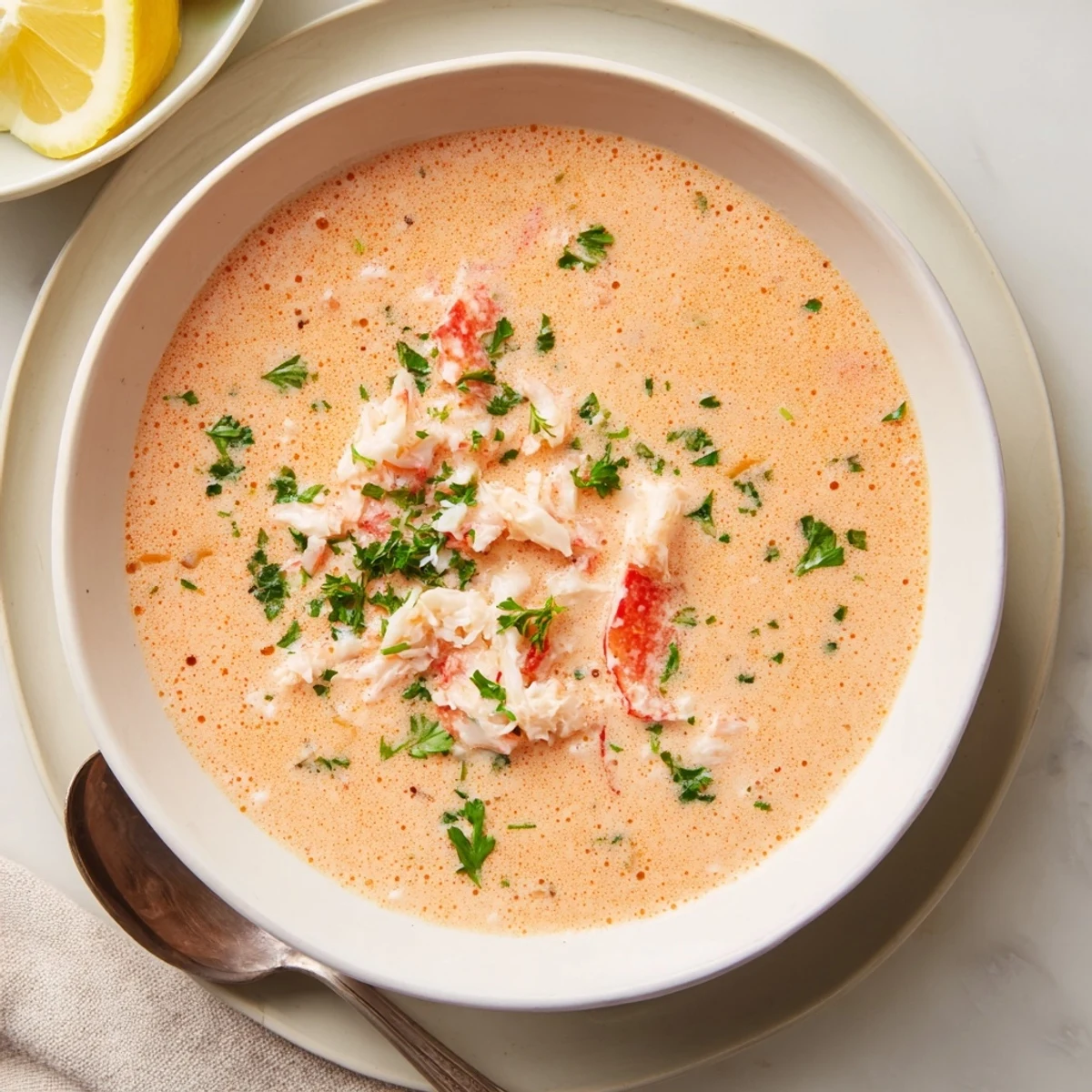 Golden creamy crab and shrimp bisque topped with pink shrimp and lemon
