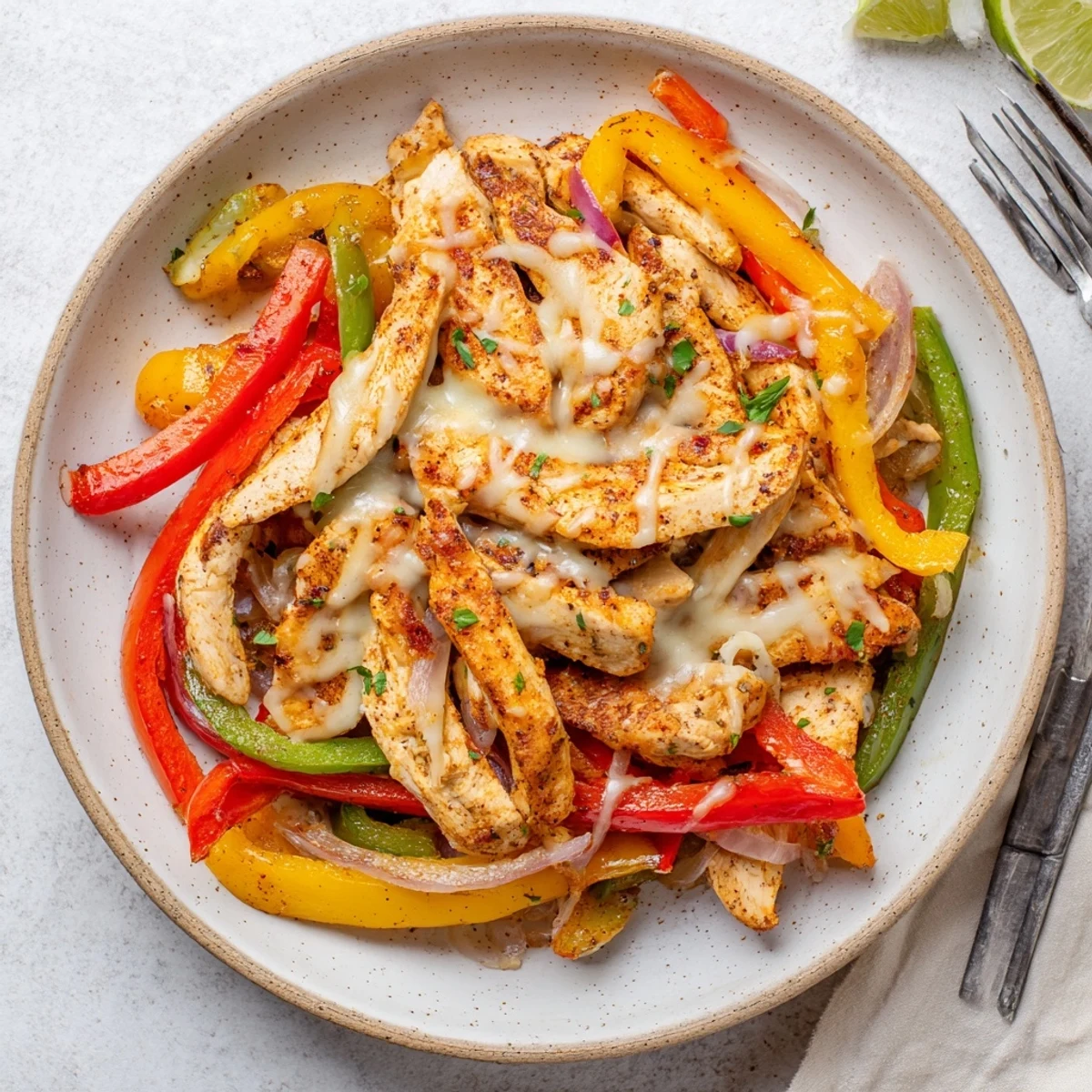 Cheesy Baja Chicken Bell Pepper Skillet: melted cheese over sizzling colorful peppers, citrus-lime aroma