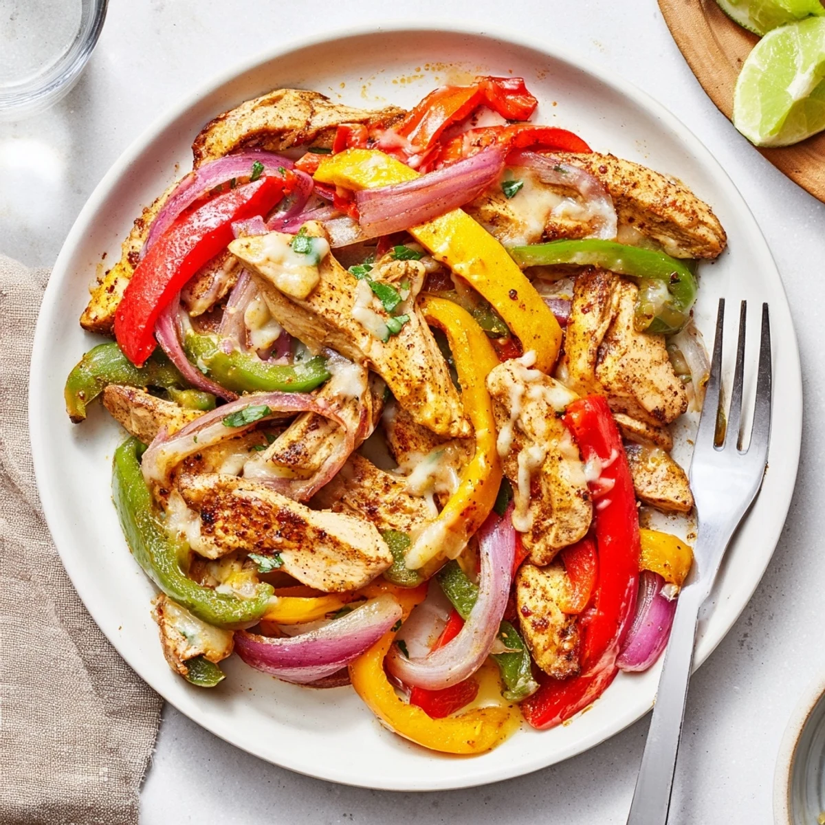 Pan-ready Cheesy Baja Chicken Bell Pepper Skillet with bubbly Monterey Jack, cilantro garnish