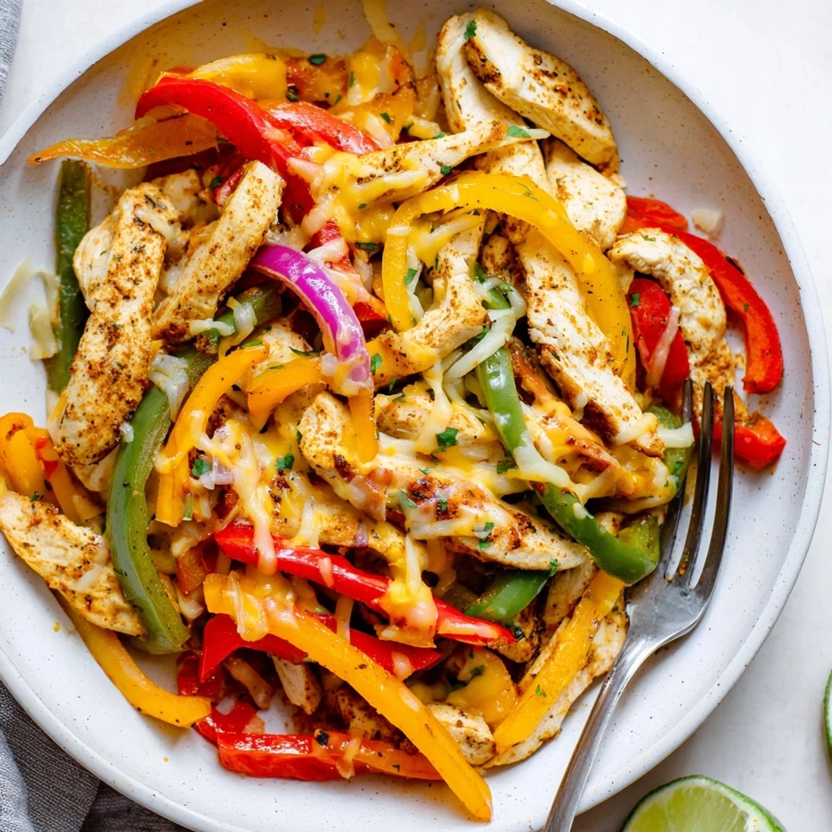 Hot Cheesy Baja Chicken Bell Pepper Skillet served with warm corn tortillas