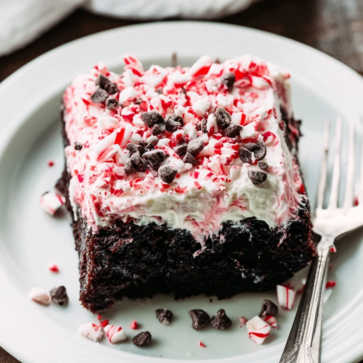 Peppermint Poke Cake with fluffy whipped topping and crushed candy sparkles