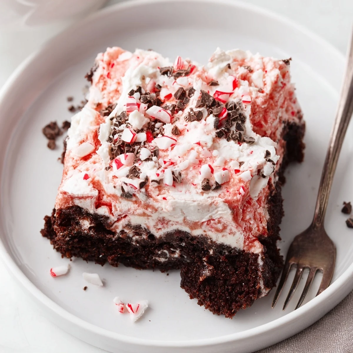 Slice of Peppermint Poke Cake chilled on plate, minty whipped cream