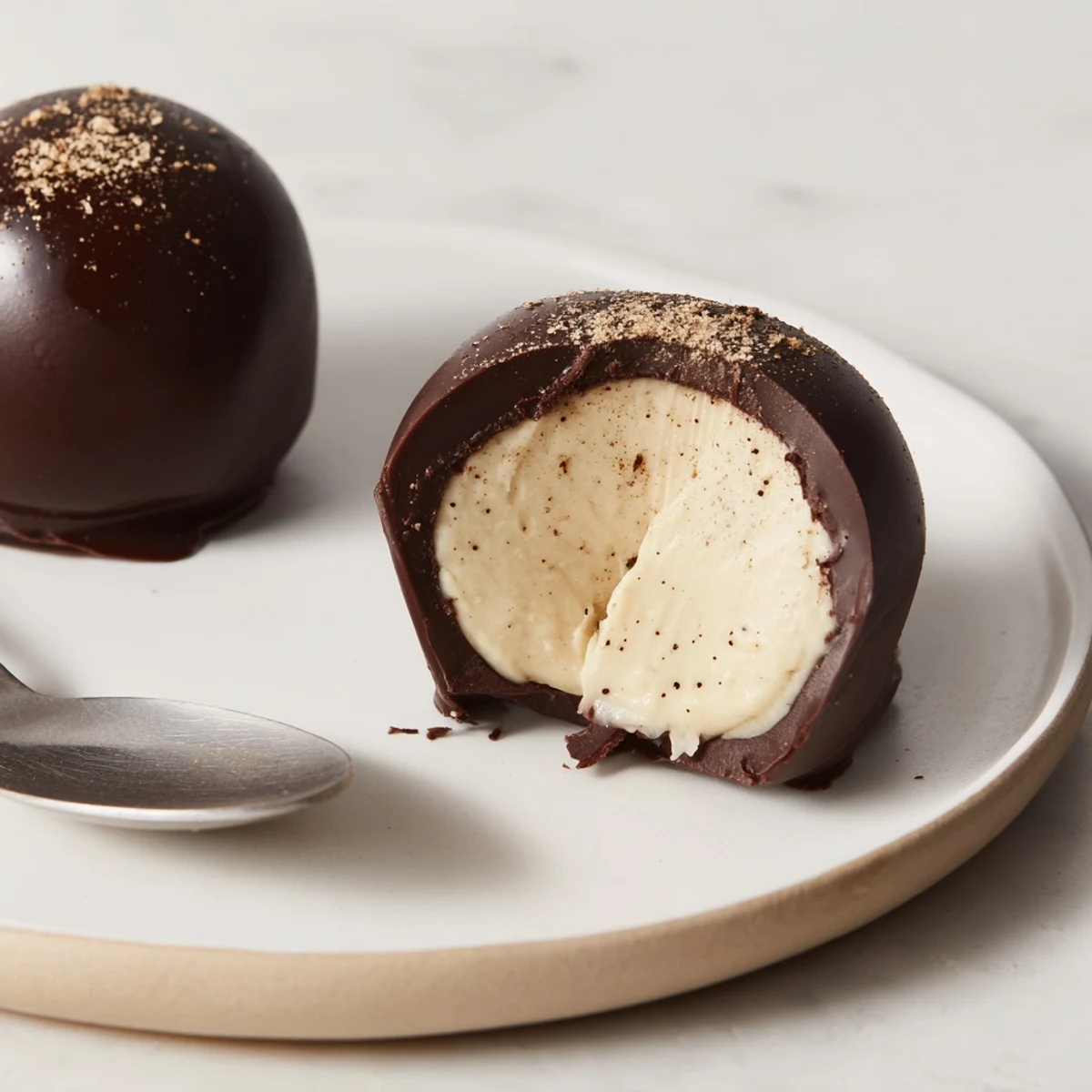 Dark Chocolate Eggnog Truffles glistening with ganache, dusted nutmeg, ready for gifting.