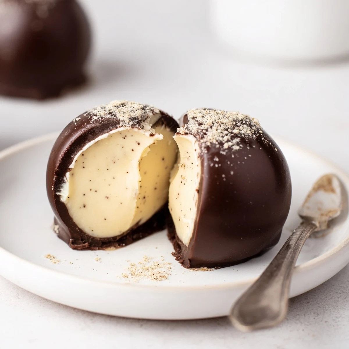 Plate of Dark Chocolate Eggnog Truffles with silky ganache centers, dusted cinnamon.