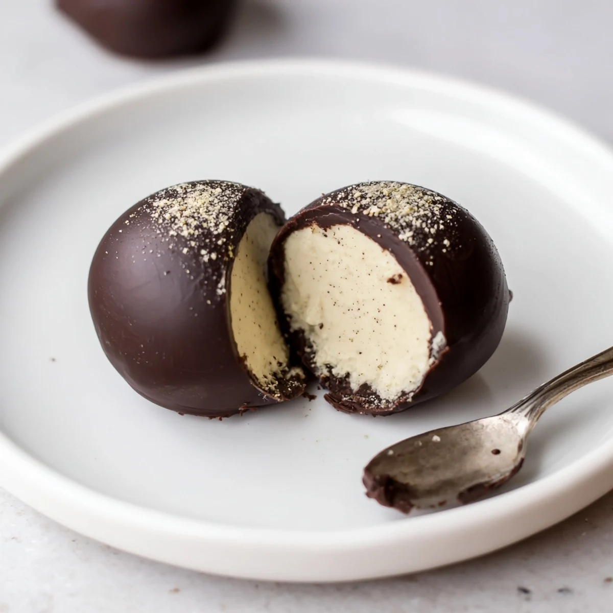 Hand-rolled Dark Chocolate Eggnog Truffles on parchment, creamy centers visible when bitten.