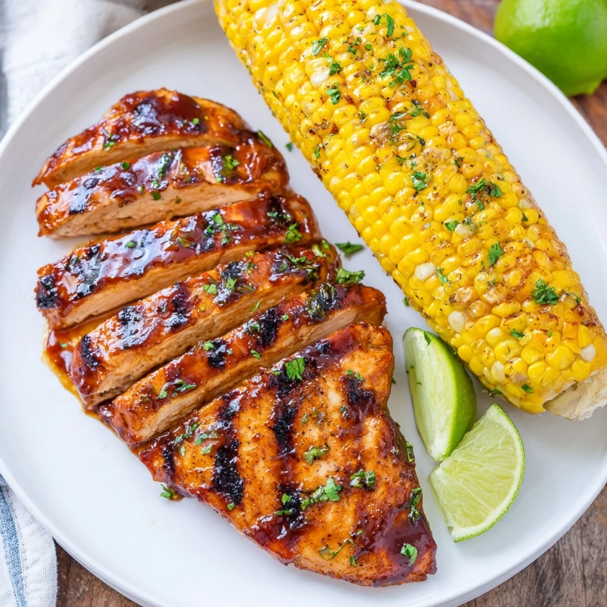 Smoky BBQ Chicken With Corn resting on cutting board, buttery kernels steaming