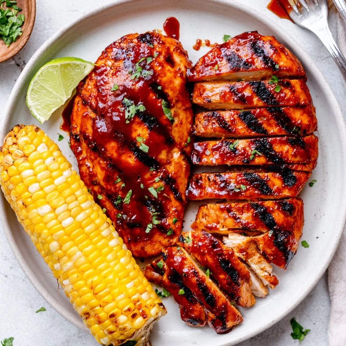 BBQ Chicken With Corn glistening with sticky sauce, charred grill marks, fresh lime wedges