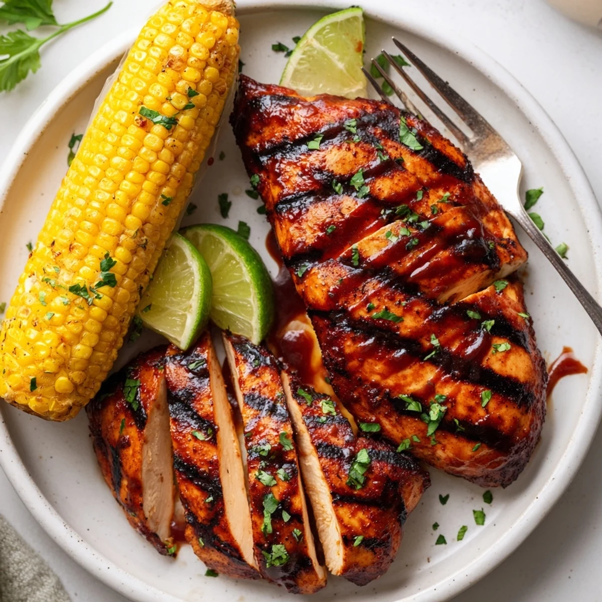 Juicy BBQ Chicken With Corn sliced beside buttered cobs, parsley garnish, ready to serve