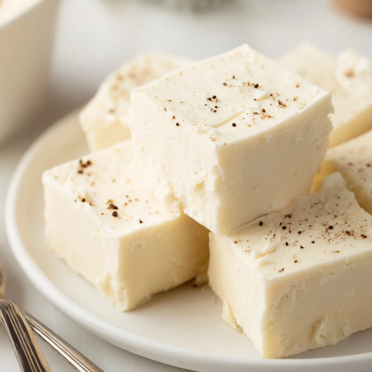Slices of Eggnog Fudge chilled in pan, rich vanilla and warm spice