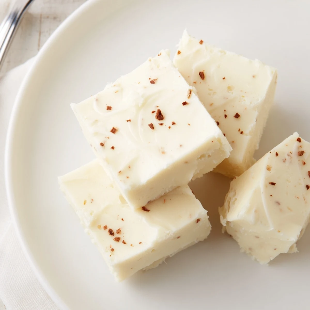Bite-sized Eggnog Fudge pieces arranged on holiday platter, sweet, velvety, nutmeg-sprinkled