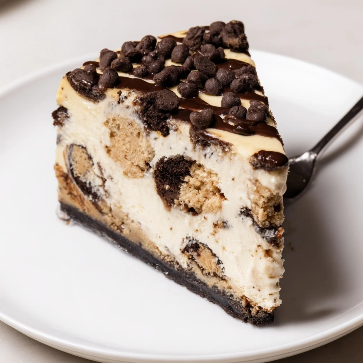 Slice of Chocolate Chip Cookie Dough Cheesecake on plate, chilled, creamy pockets visible
