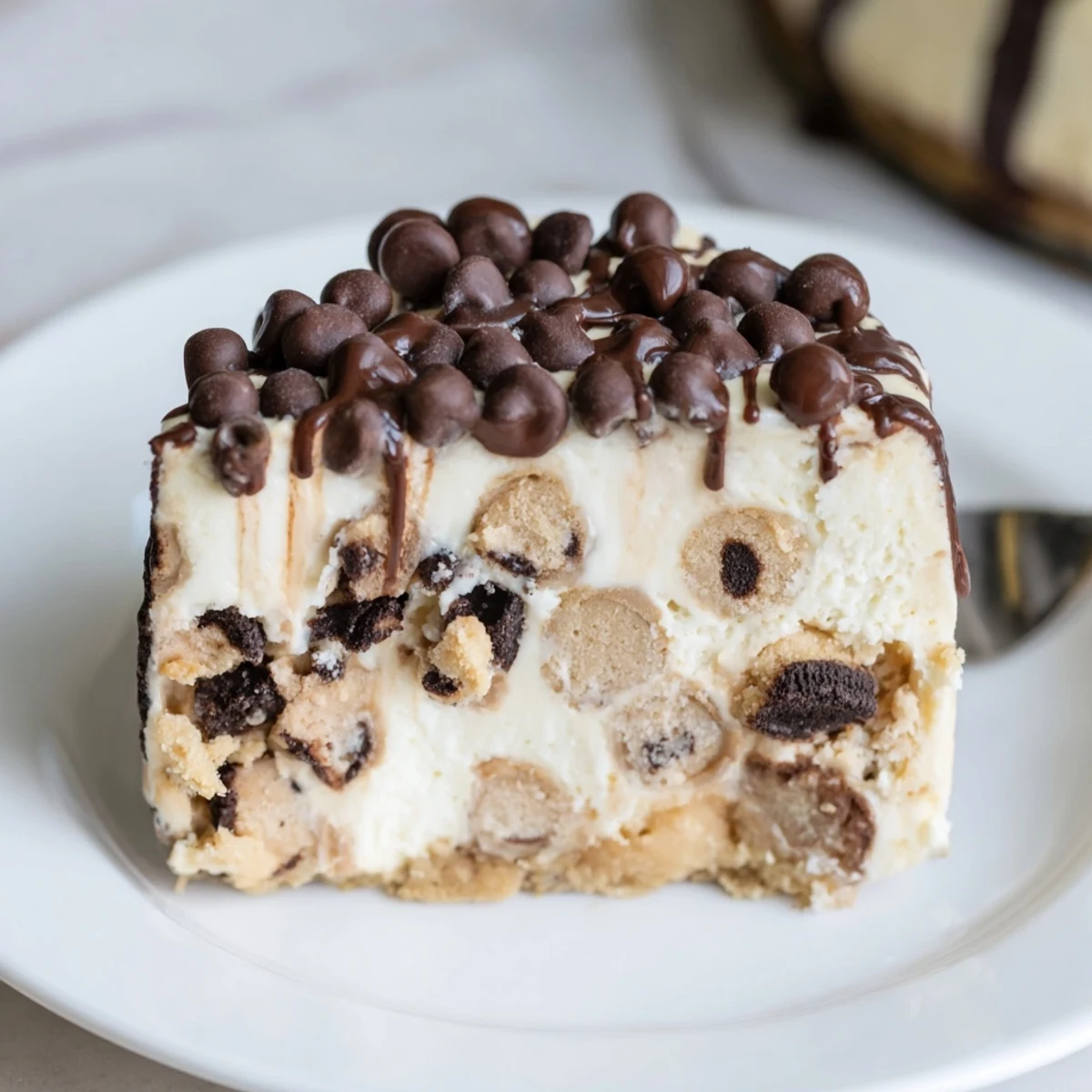 Chocolate Chip Cookie Dough Cheesecake with crunchy chocolate crust, marble cookie dough bites