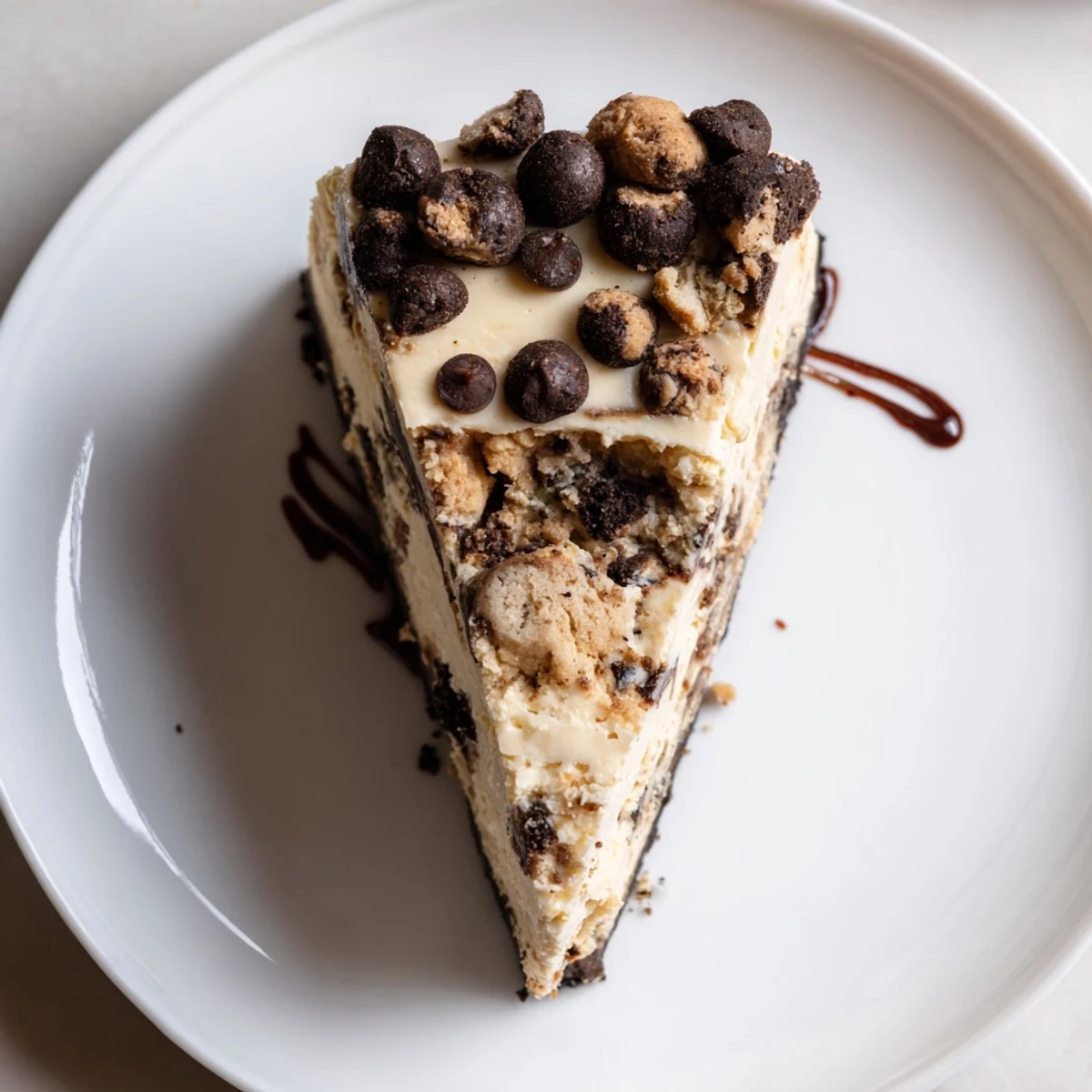 Fork-ready Chocolate Chip Cookie Dough Cheesecake slice topped with extra chips, chocolate drizzle