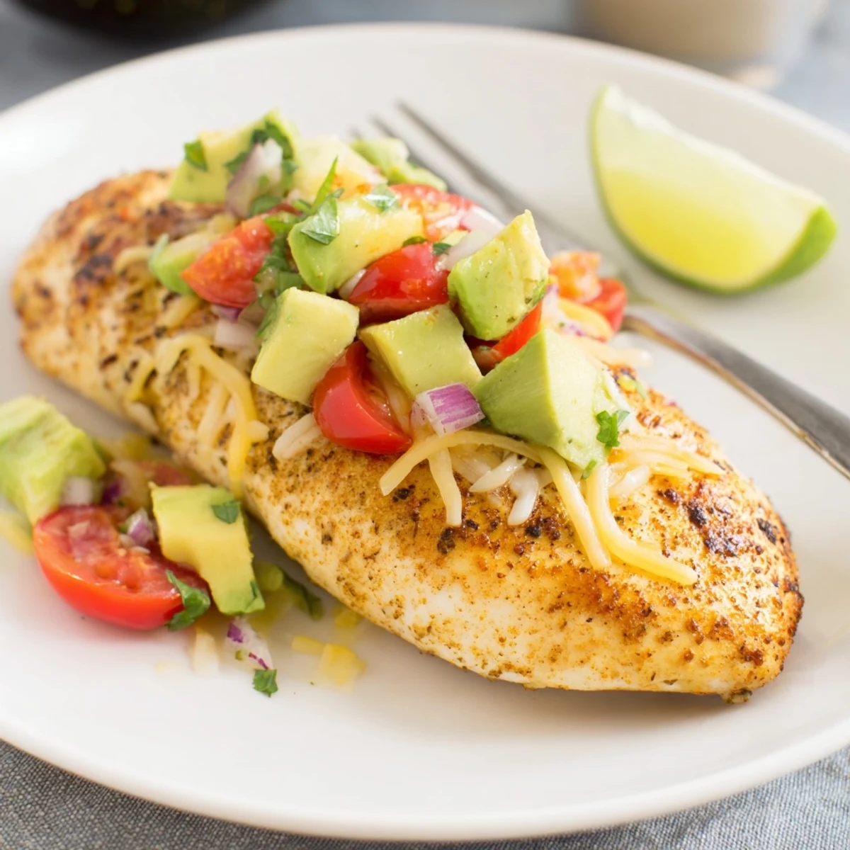 Grilled Fiesta Lime Chicken With Avocado plated with melted cheese and lime