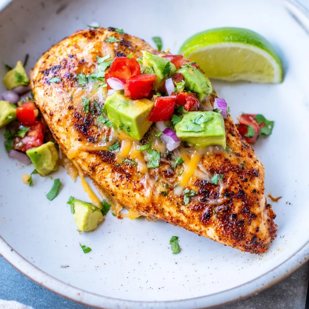 Sliced Fiesta Lime Chicken With Avocado resting beside avocado-tomato salsa and cilantro