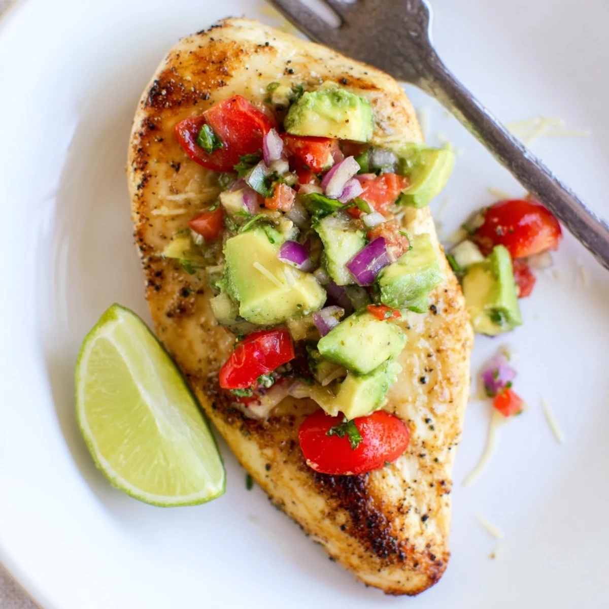 Pan-seared Fiesta Lime Chicken With Avocado served hot with lime wedges and rice