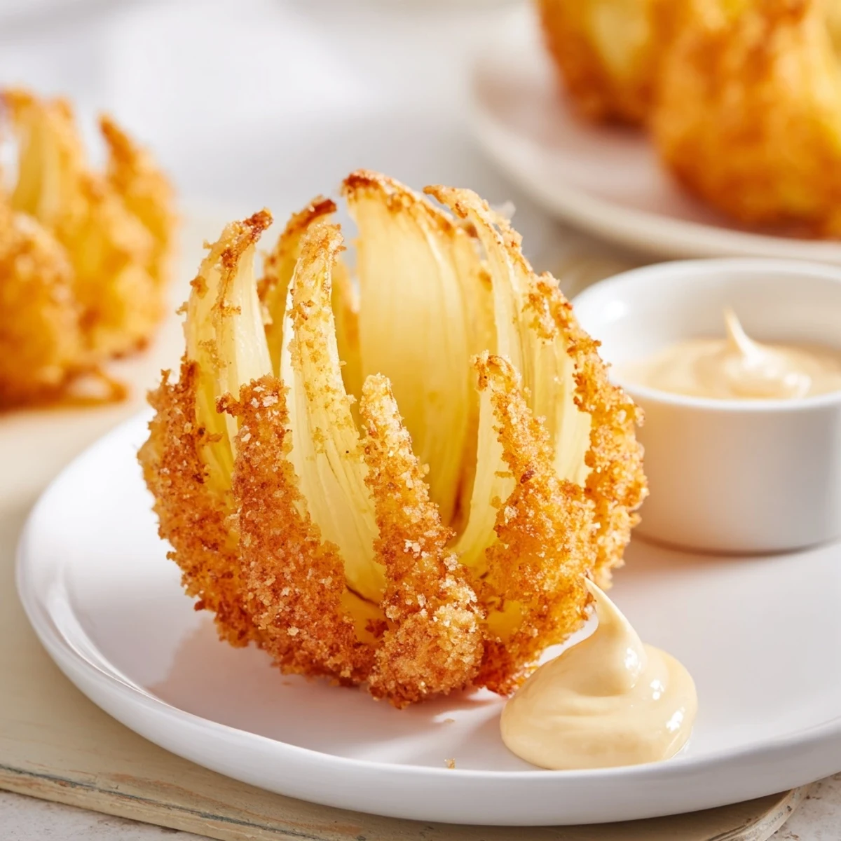 Crispy Mini Bloomin Onions Recipe golden petals fried, steaming, served with tangy sauce.