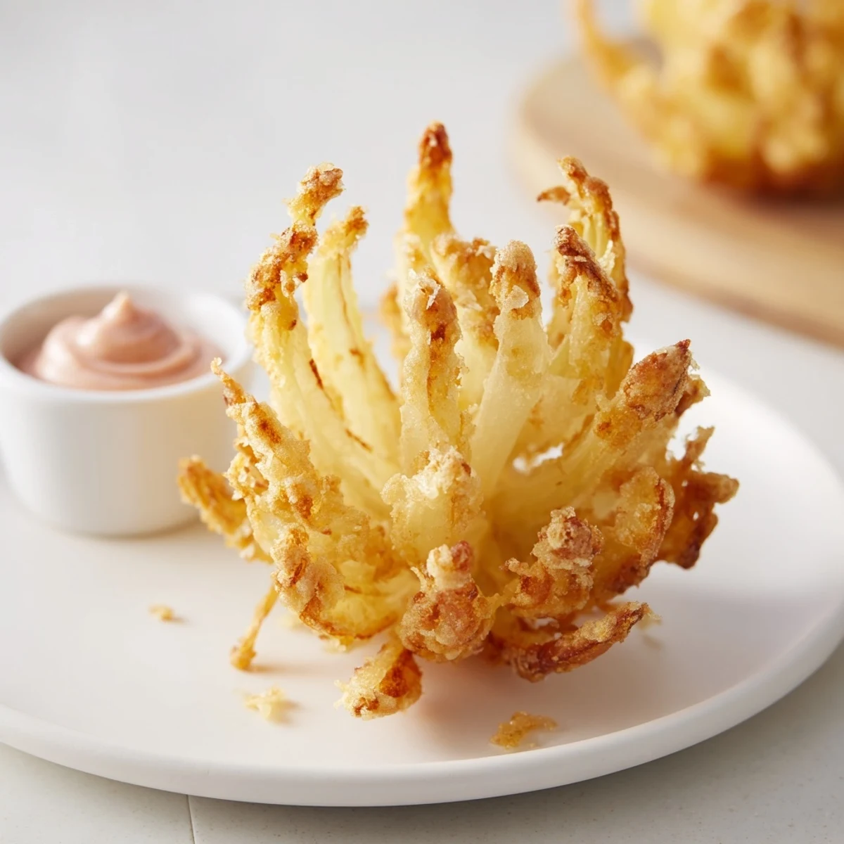 Crispy Mini Bloomin Onions Recipe on platter, golden texture, paired with horseradish dip.