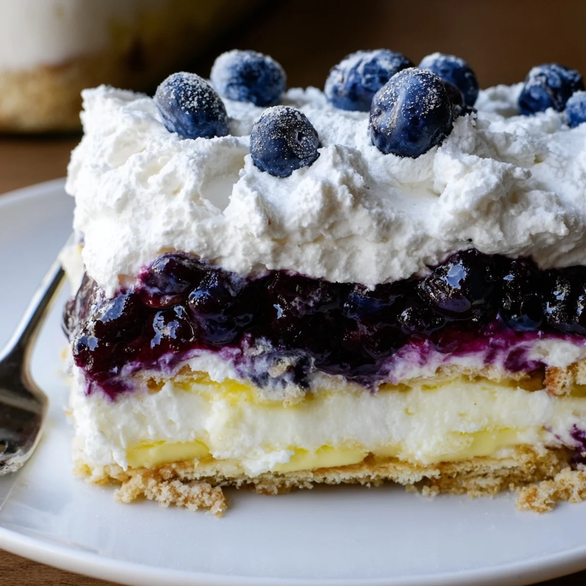 Lemon Blueberry Lasagna Recipe layered with creamy lemon, glossy blueberry filling, chilled  