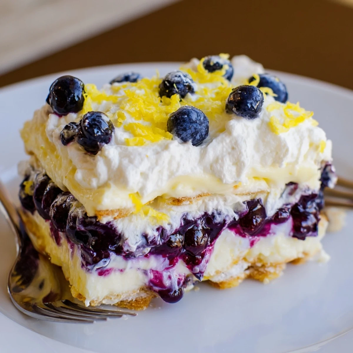 Lemon Blueberry Lasagna Recipe served on plate with fresh berries and zesty aroma