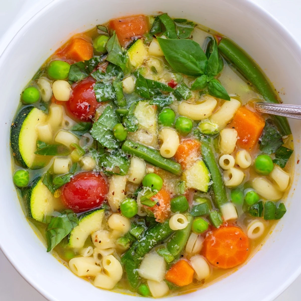 Hearty Spring Minestrone Soup Recipe with al dente pasta, cherry tomatoes glistening