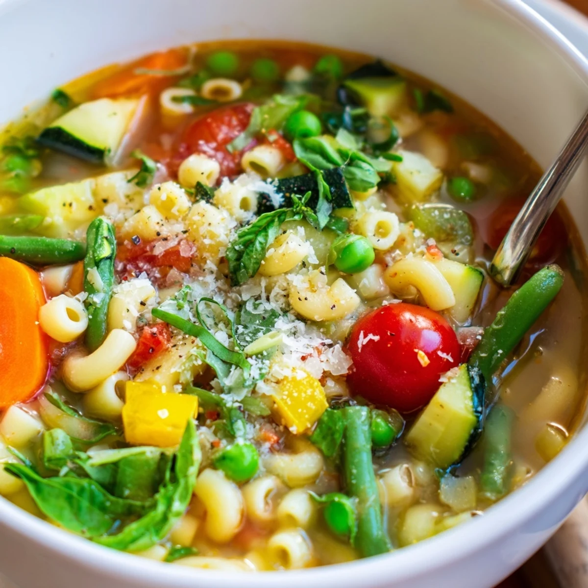 Bowl of Spring Minestrone Soup Recipe garnished with Parmesan, olive oil drizzle