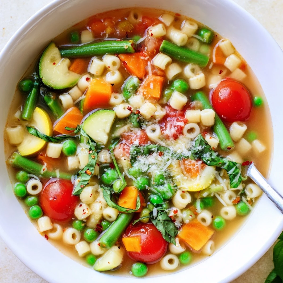 Spring Minestrone Soup Recipe steaming in bowl, vibrant vegetables and fresh basil