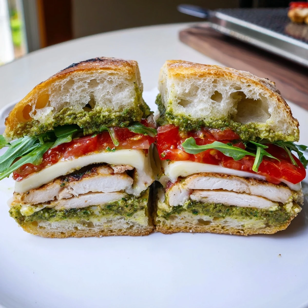 Toasted ciabatta cradles a warm Chicken Pesto Sandwich Recipe with melted mozzarella