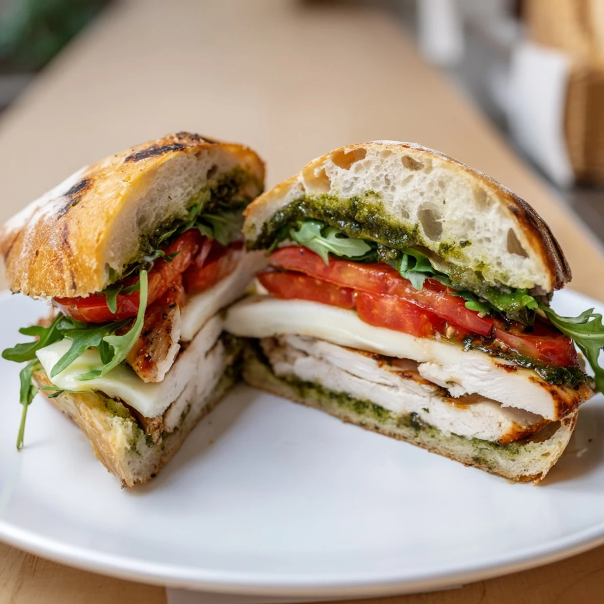 Grilled chicken, bright basil pesto, and tomato in Chicken Pesto Sandwich Recipe