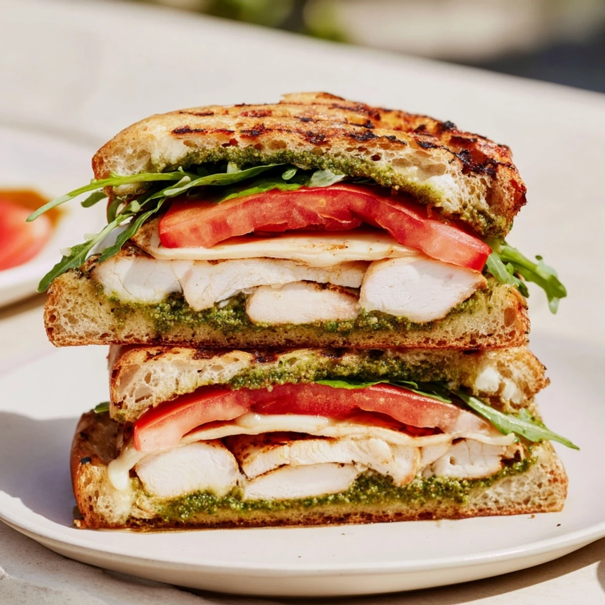 Savory lunch: Chicken Pesto Sandwich Recipe stacked with arugula, juicy tomato